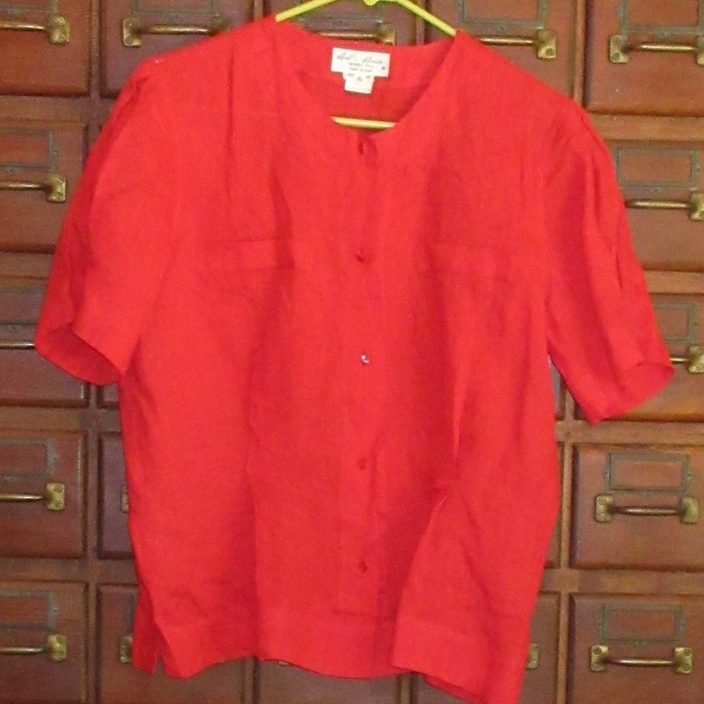 ALAN AUSTIN Red Short Sleeve Linen Blouse Size 10